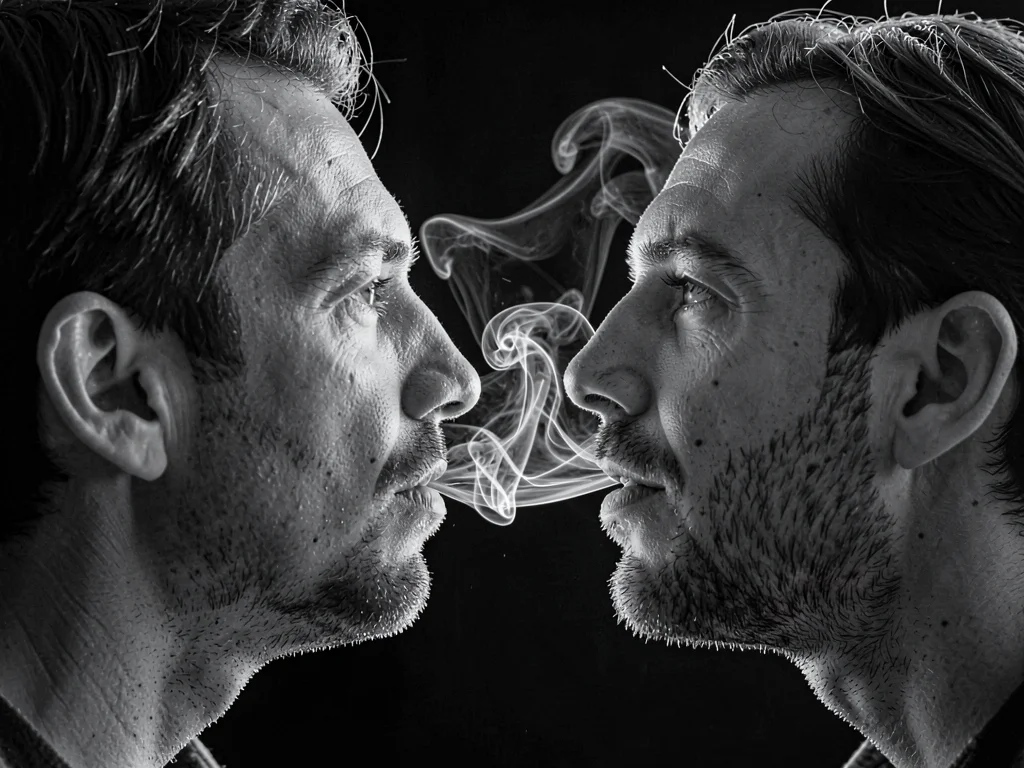 Breath between two people showing interaction and mixing