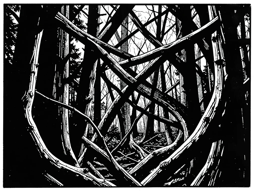 Dense forest interior, twisted branches crossing in violent black contrast