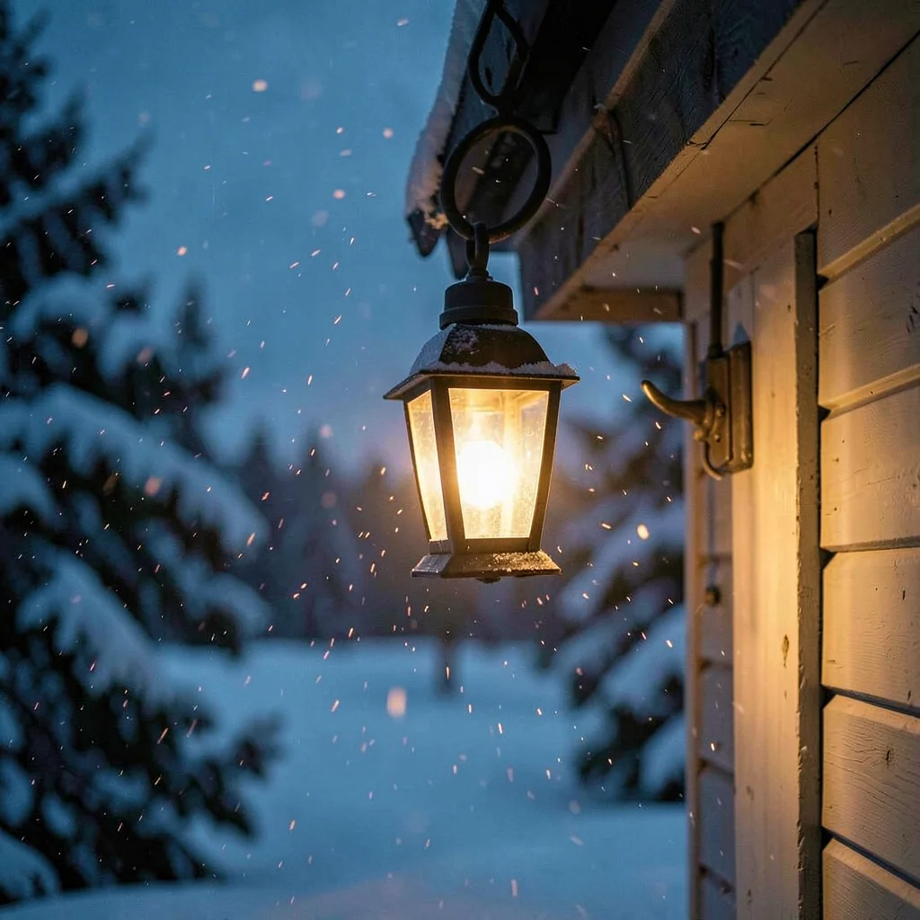 A single porch lantern glowing soft amber against a snowstorm at indigo dusk