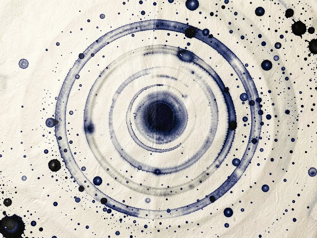 A field of distant galaxies as scattered ink droplets of varying density on pale