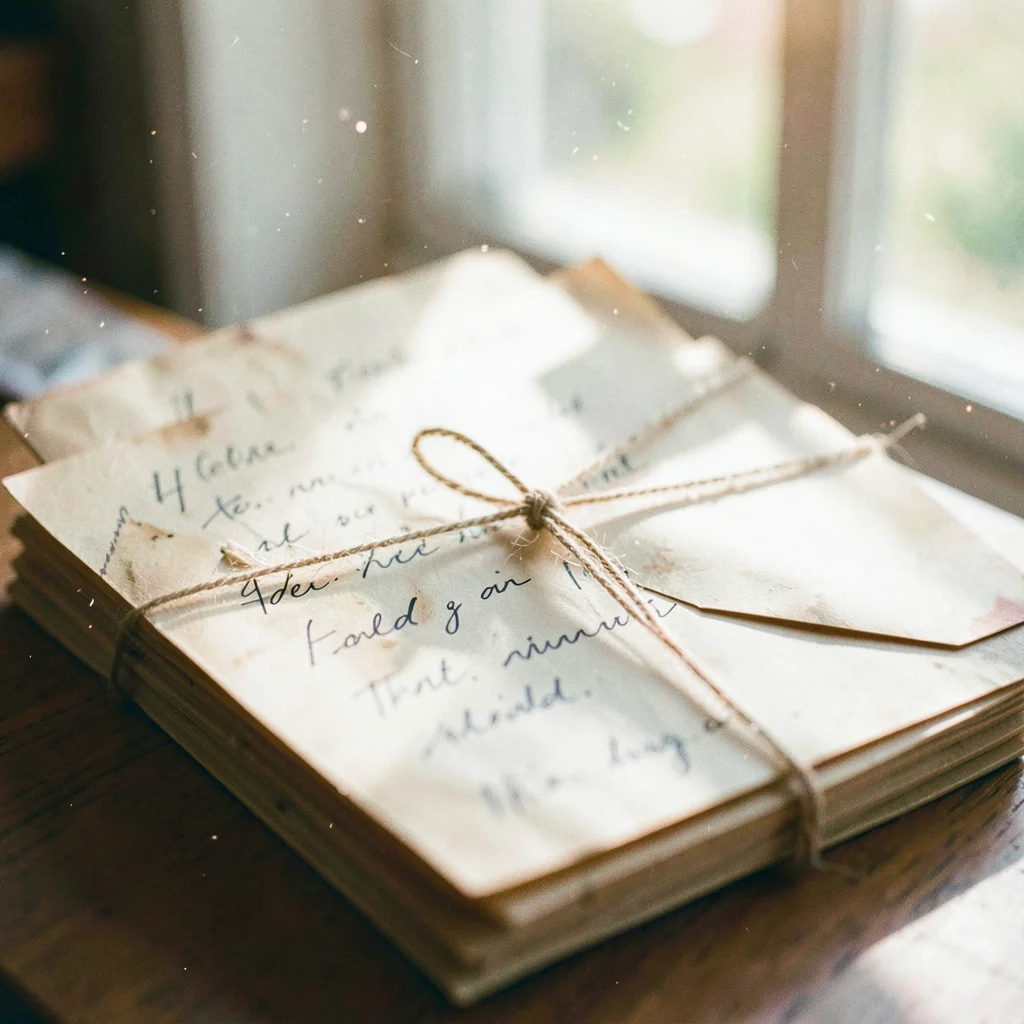 Stack of handwritten letters tied with kitchen string, ink faded to sepia, one e