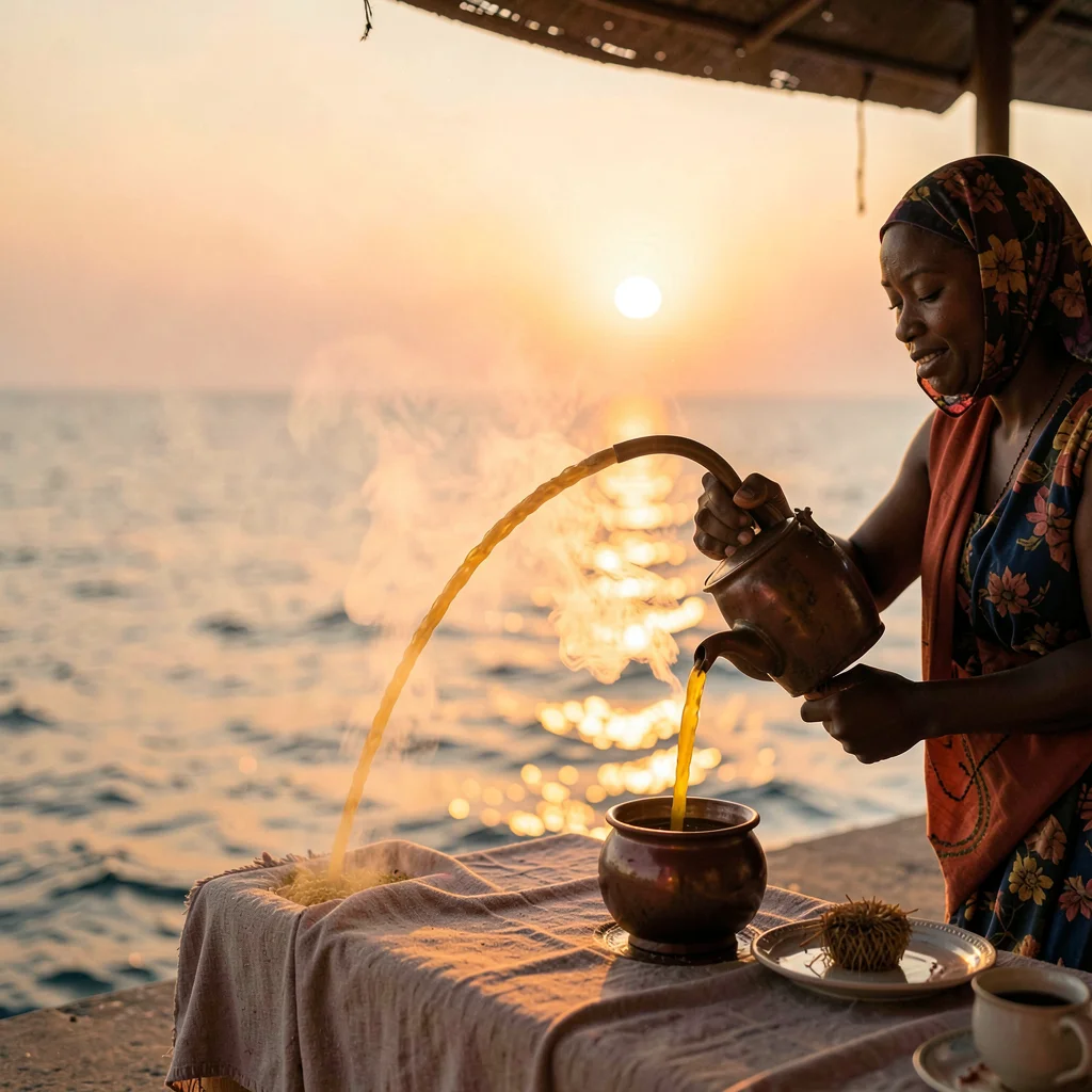 Peachy golden Dakar sunset light through sea haze, Tea vendor pouring attaya in 