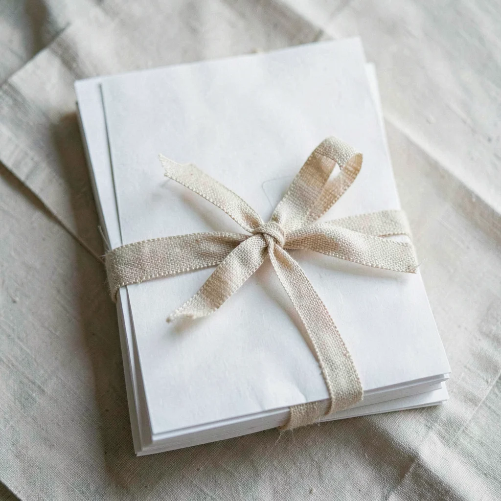 Top-down still life of a stack of program scripts tied with linen ribbon