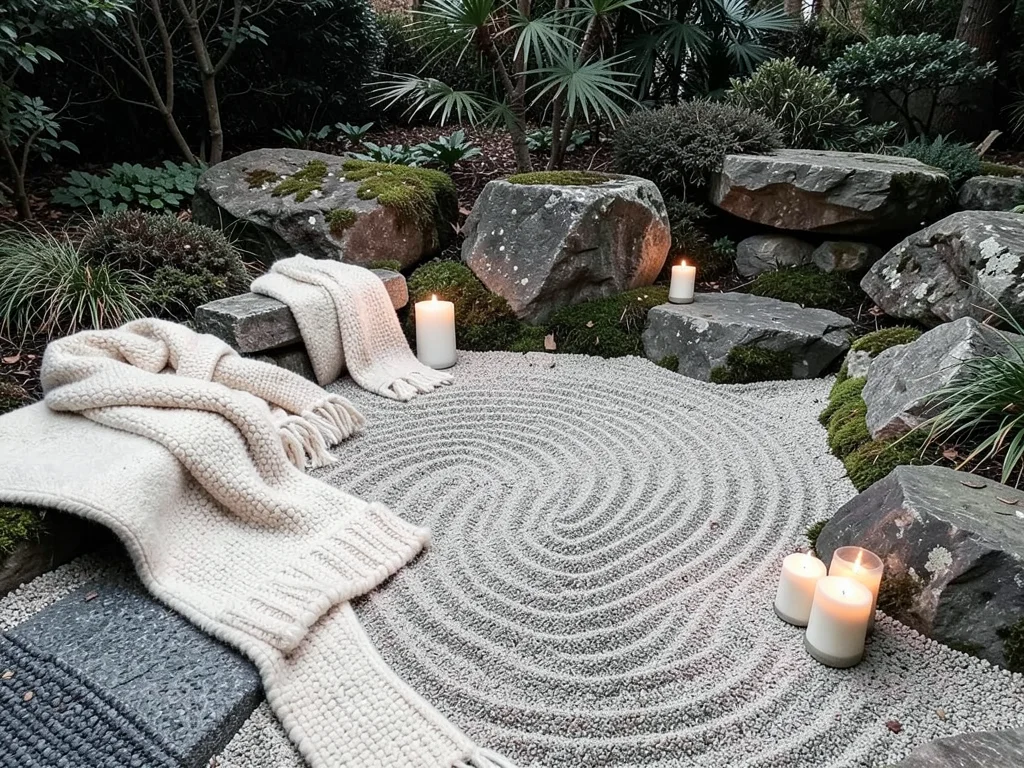 Zen rock garden with hygge elements — wool blankets draped over raked sand, cand