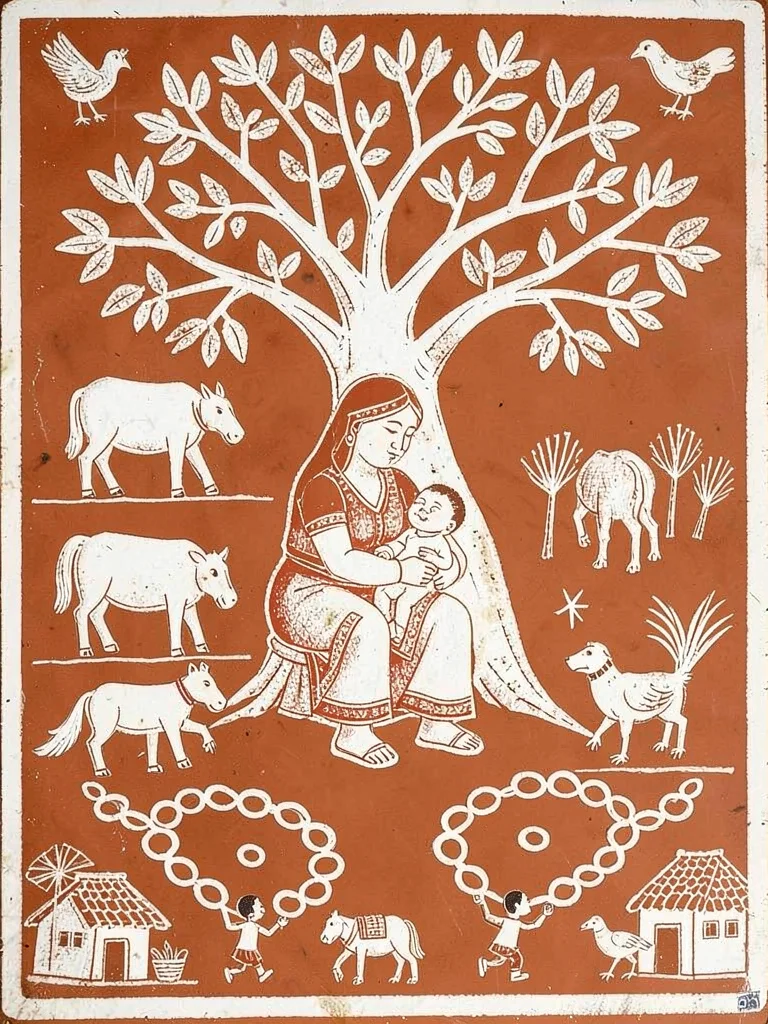 Mother nursing infant under a tree — animals and birds gathered around