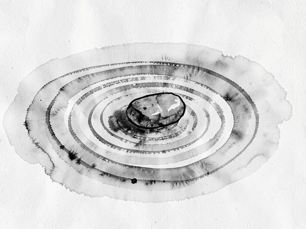 One stone on raked pattern surrounded by nothing