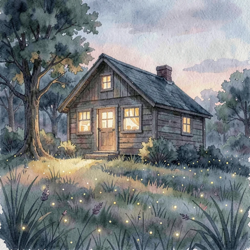 cabin lit warmly at twilight with fireflies in the meadow