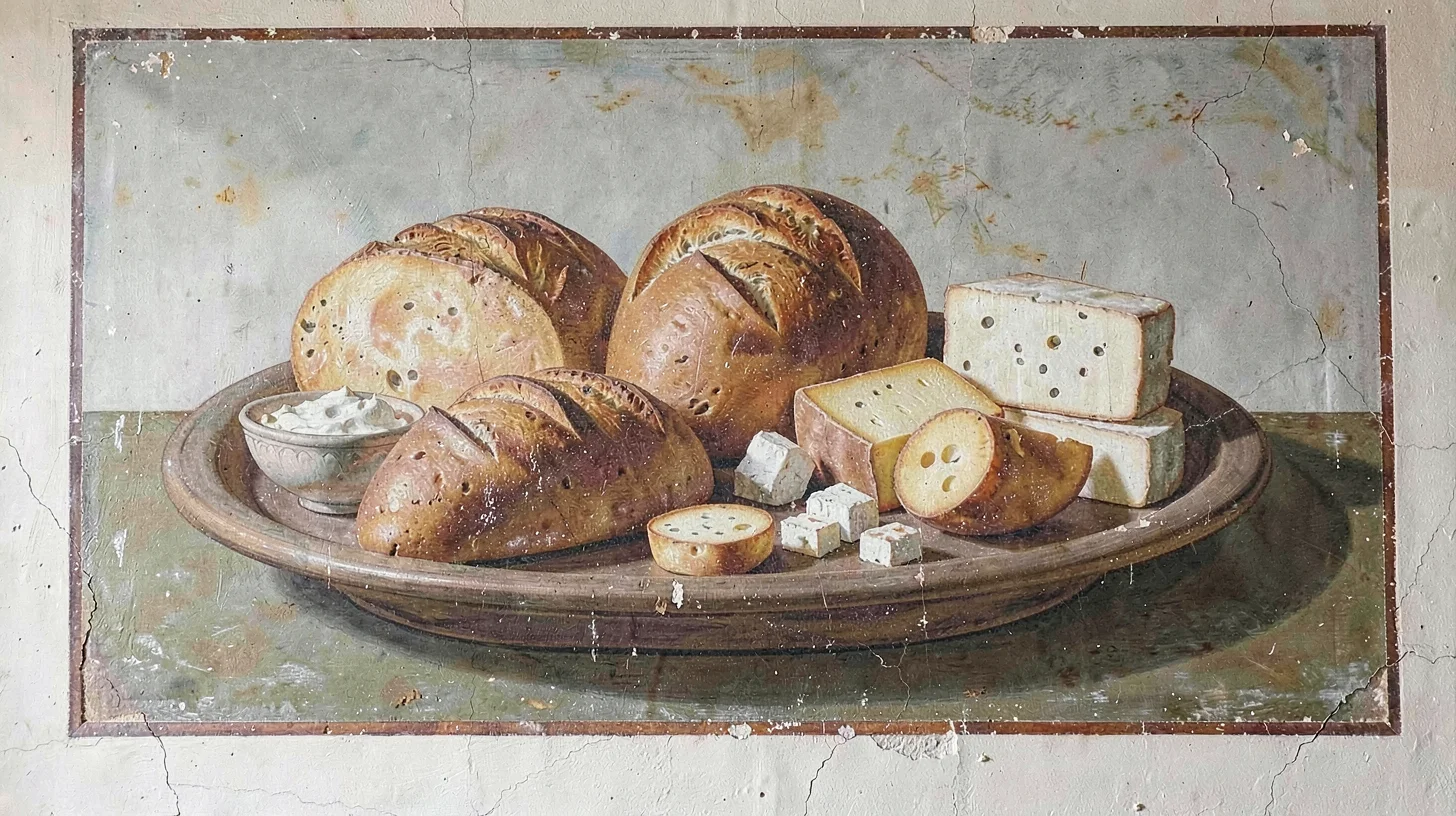 Fresco-style illustration, bread and cheese arrangement , painted into wet plast