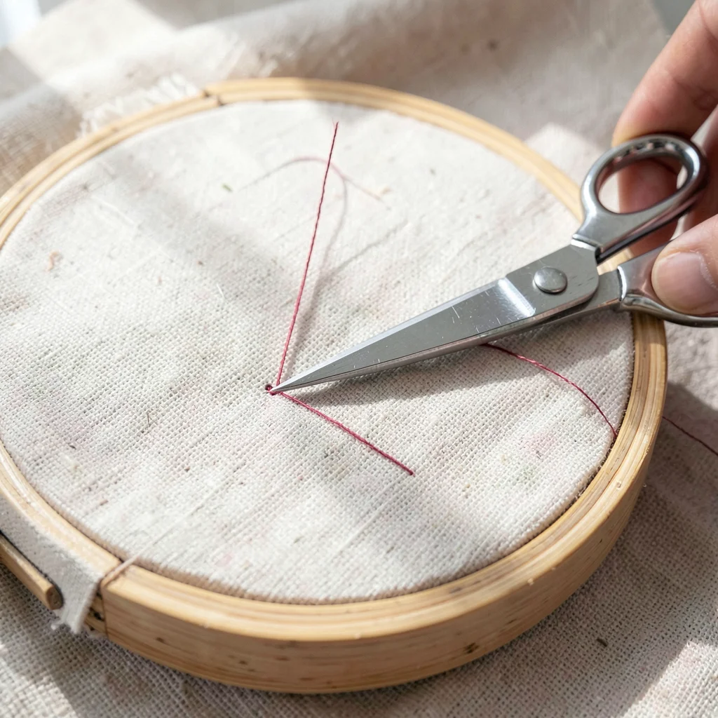 Chrome Scissors on Hoop with Cut Crimson Thread
