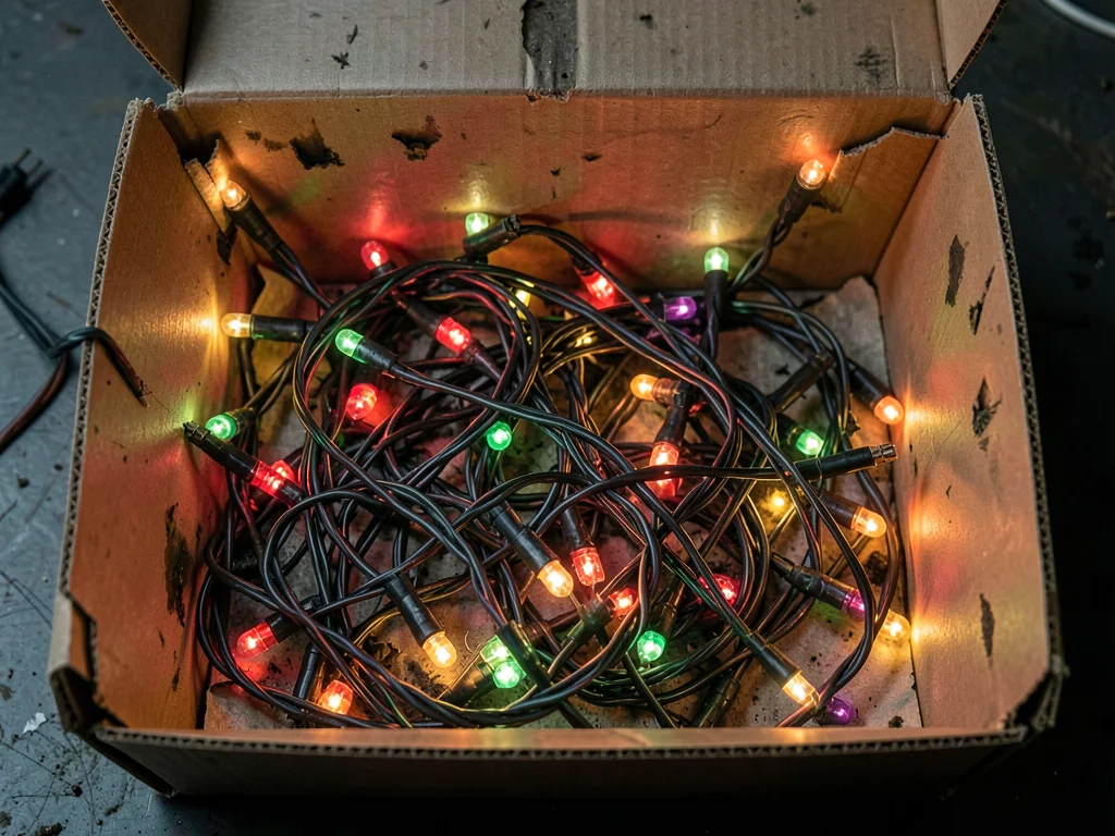 Tangled Christmas lights in storage box as texture study