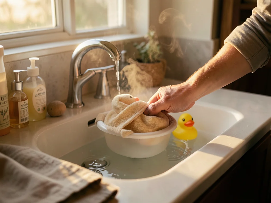 A bathroom sink area during baby bath time — a small plastic baby tub sitting in