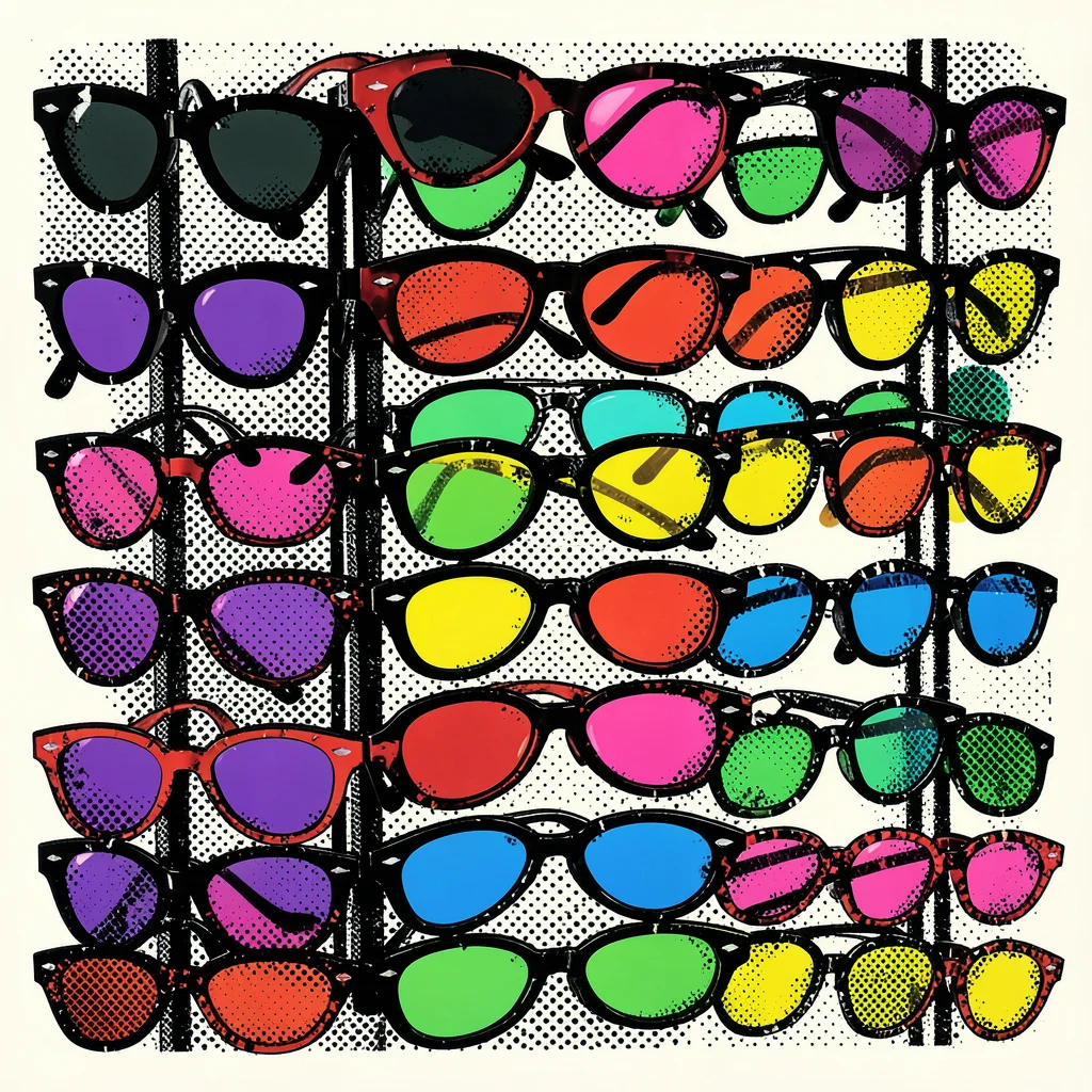 Rows of sunglasses on a rack, each pair a different primary color