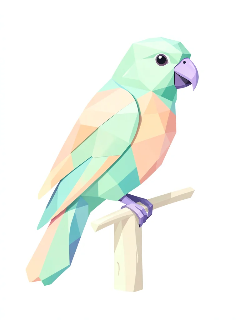 Tropical mint lowpoly parrot with peach wing facets and a tiny lavender beak, pe