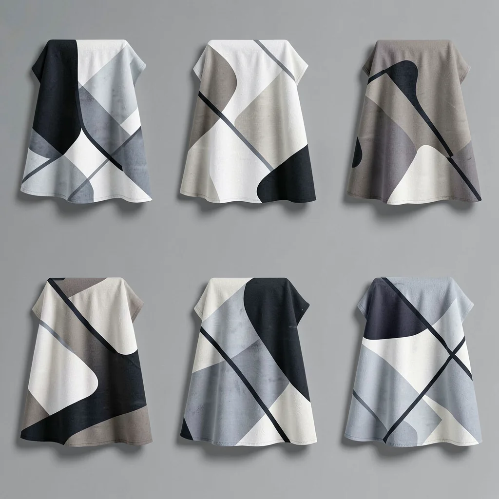 A clean 2x3 grid of abstract throw-blanket pattern mockups on a muted backdrop, 