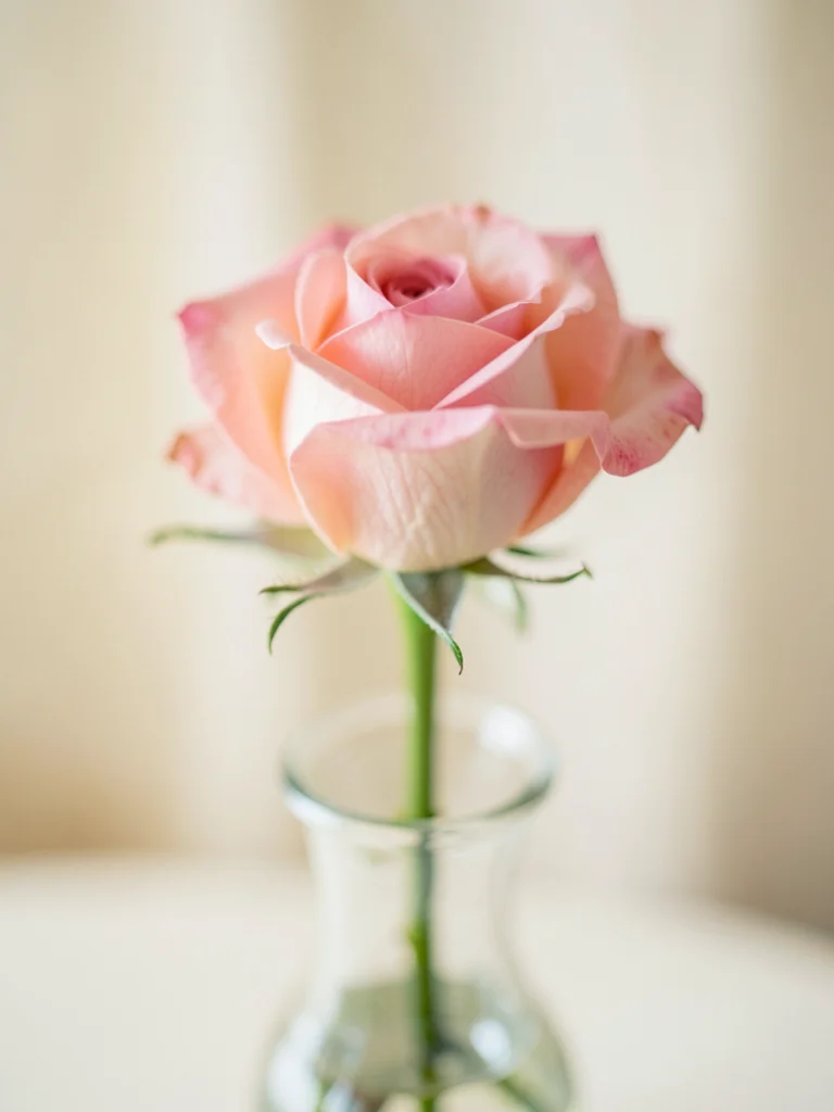 Single rose in vase, petals sharp, stem soft