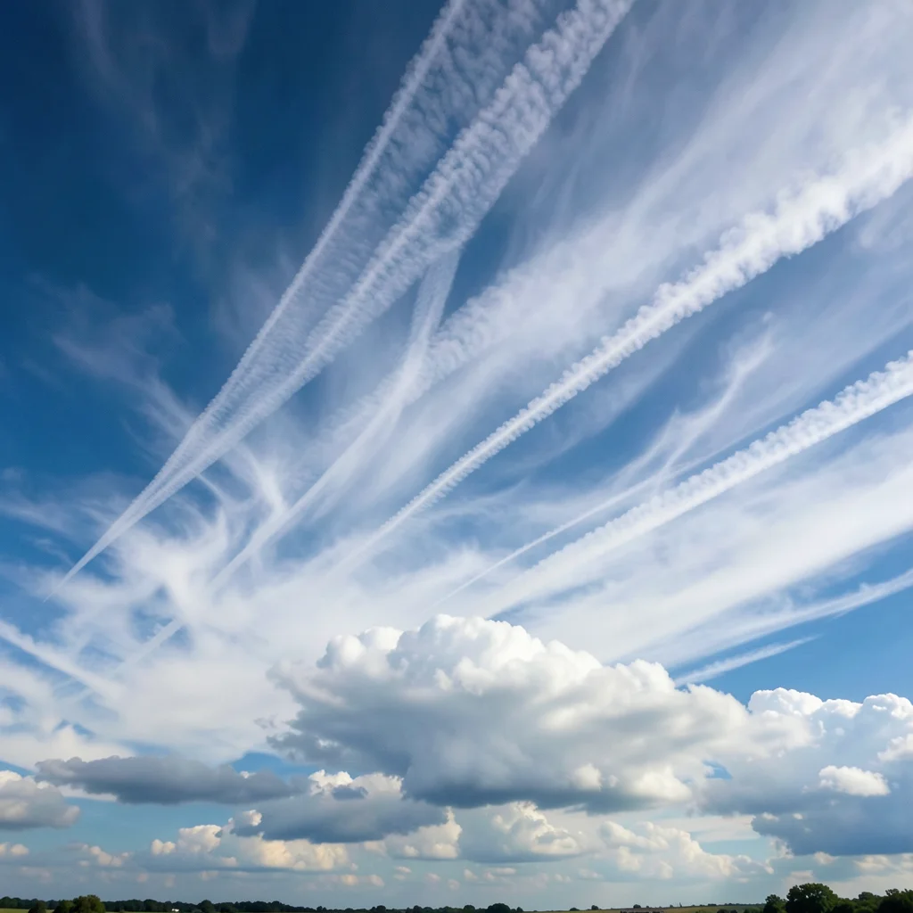 Contrail dissipation overhead — three contrails in different stages of spreading