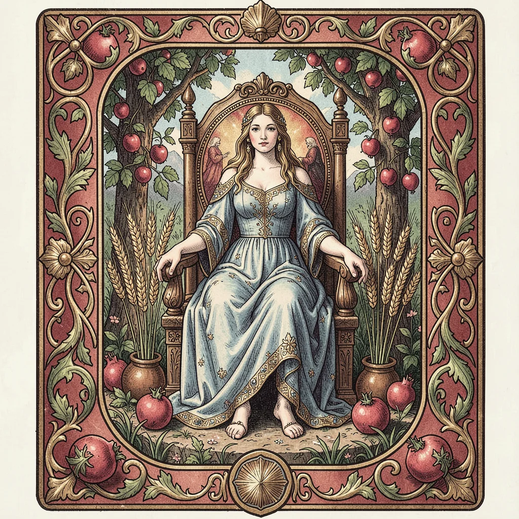 Tarot card illustration, The Empress in garden throne, grain and pomegranates su