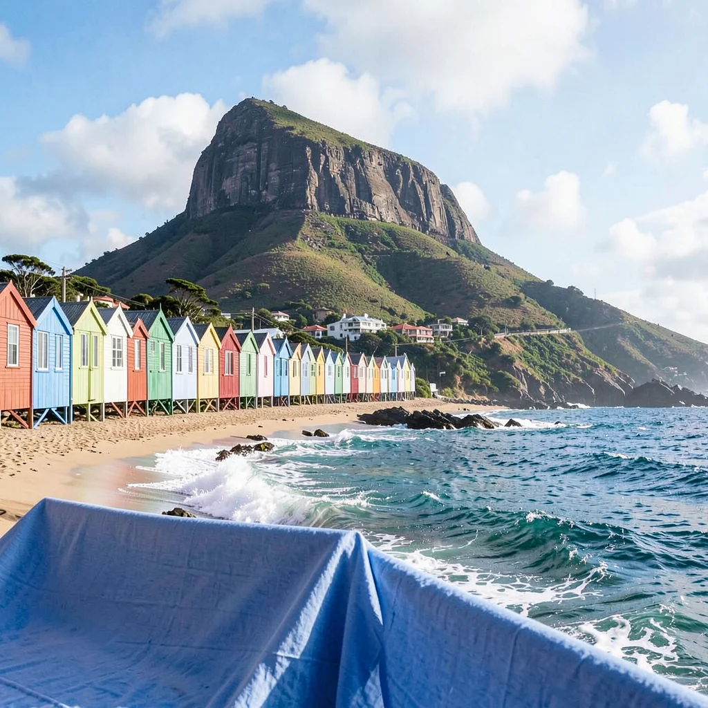 Cape Town mountain-sea duality, Table Mountain backdrop, colorful beach huts in 