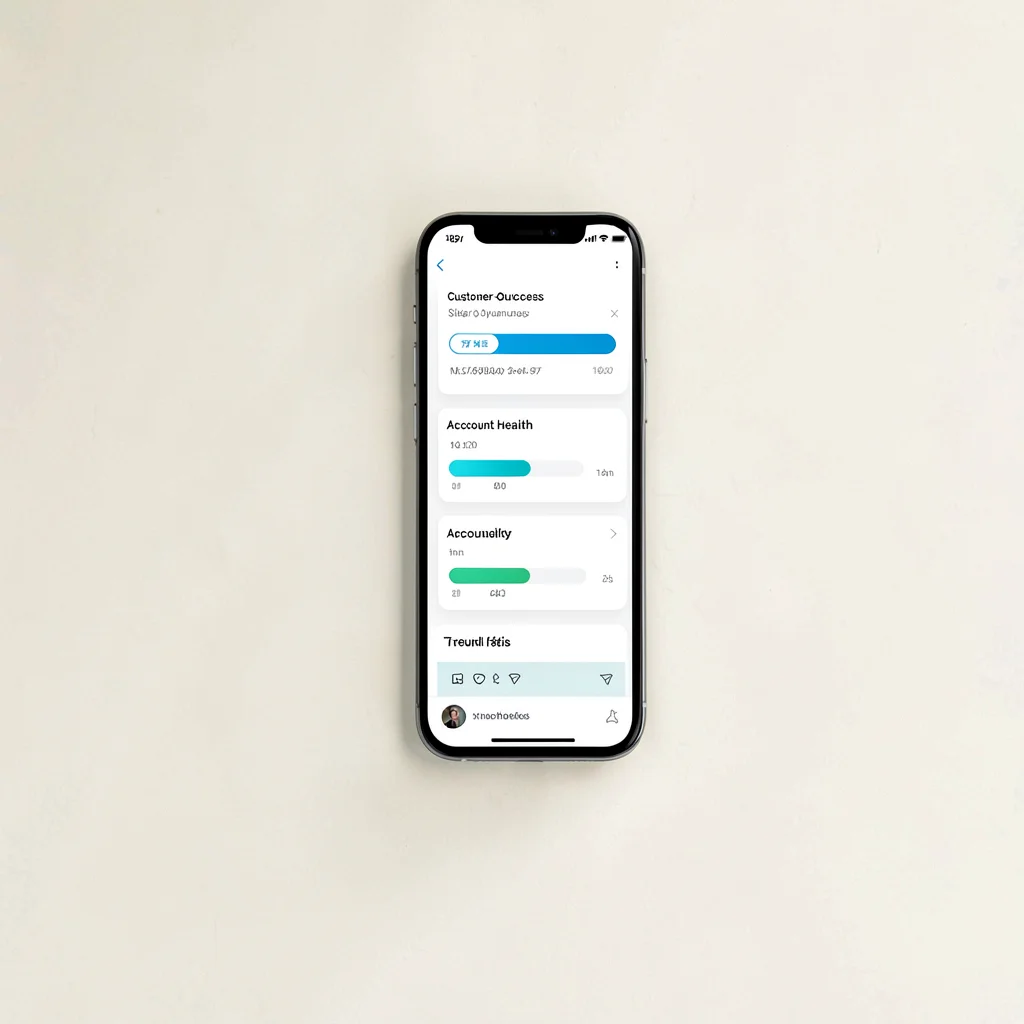 Side-angle product shot of a customer-success app window floating above a cream 
