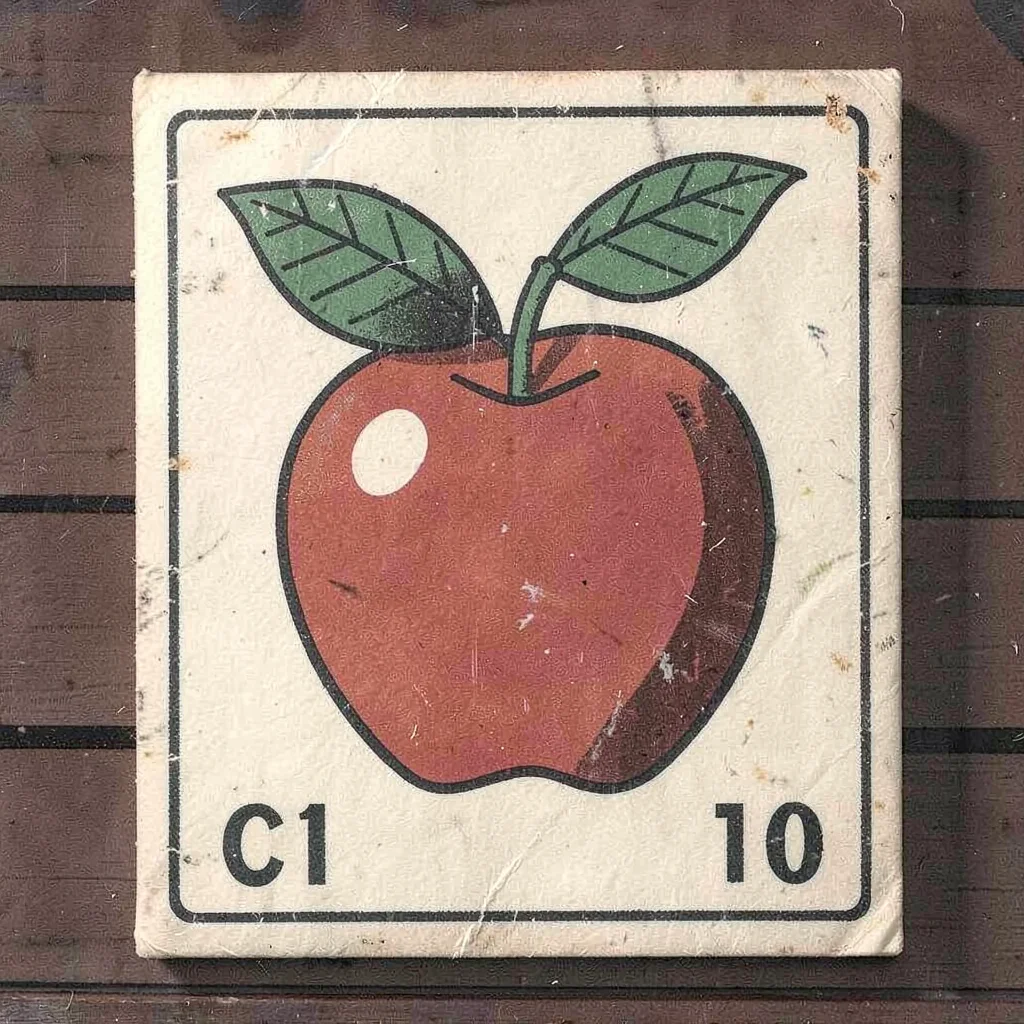 Czech matchbox label illustration, an apple with a single leaf attached , vintag