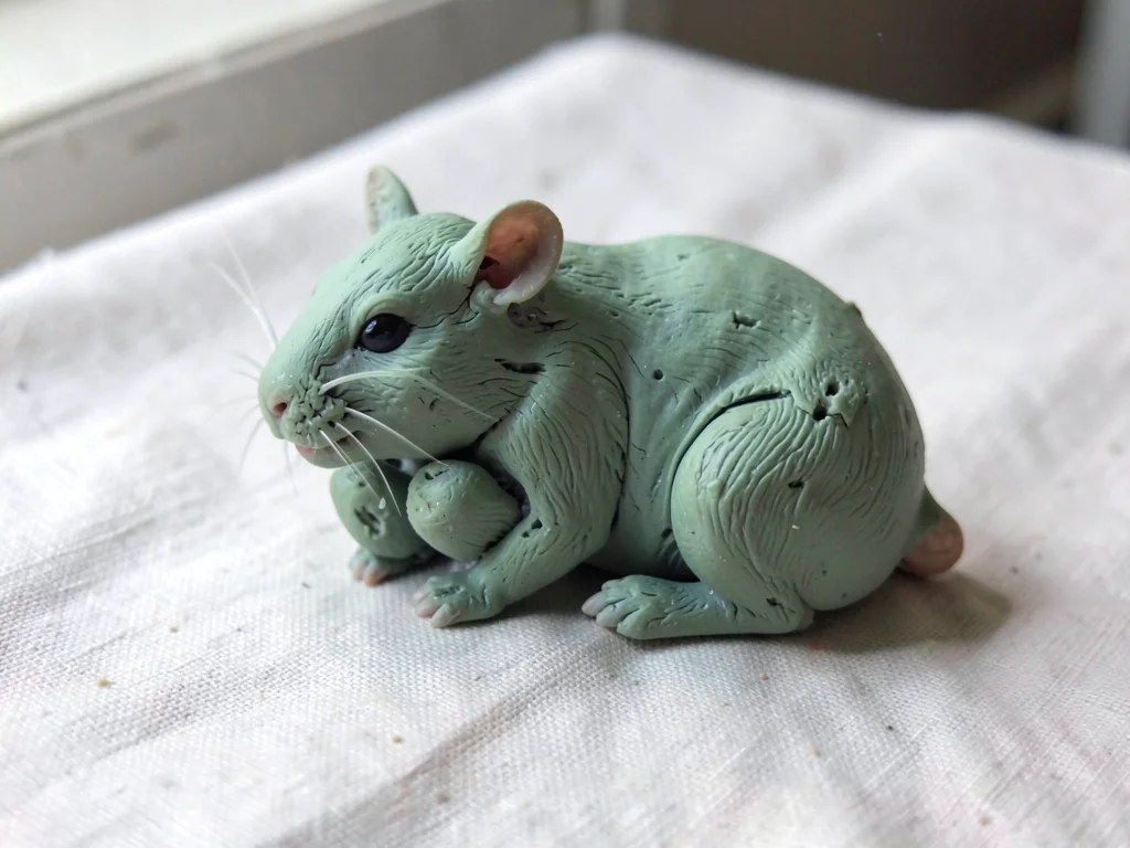 Pet sage-green hamster curled with thumb-pressed cheek pouches and fingernail de
