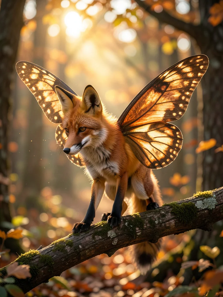 Fox with butterfly wings perched on a branch, autumn forest, wings catching gold