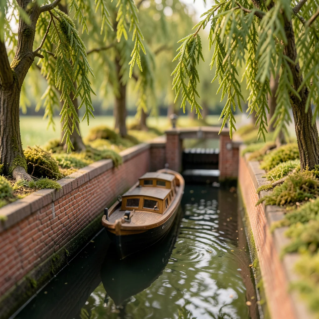 A model canal scene: a narrow boat, brick-lined banks, a tiny lock gate, overhan