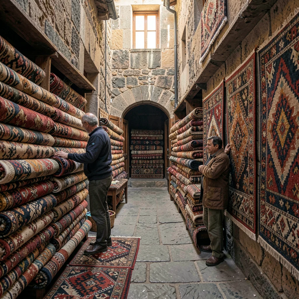 Historic medina photography, labyrinthine old city, A carpet seller unrolling ru