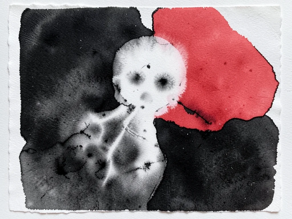 Two-color monoprint, black rolled base with white spirit-lifted areas plus red s