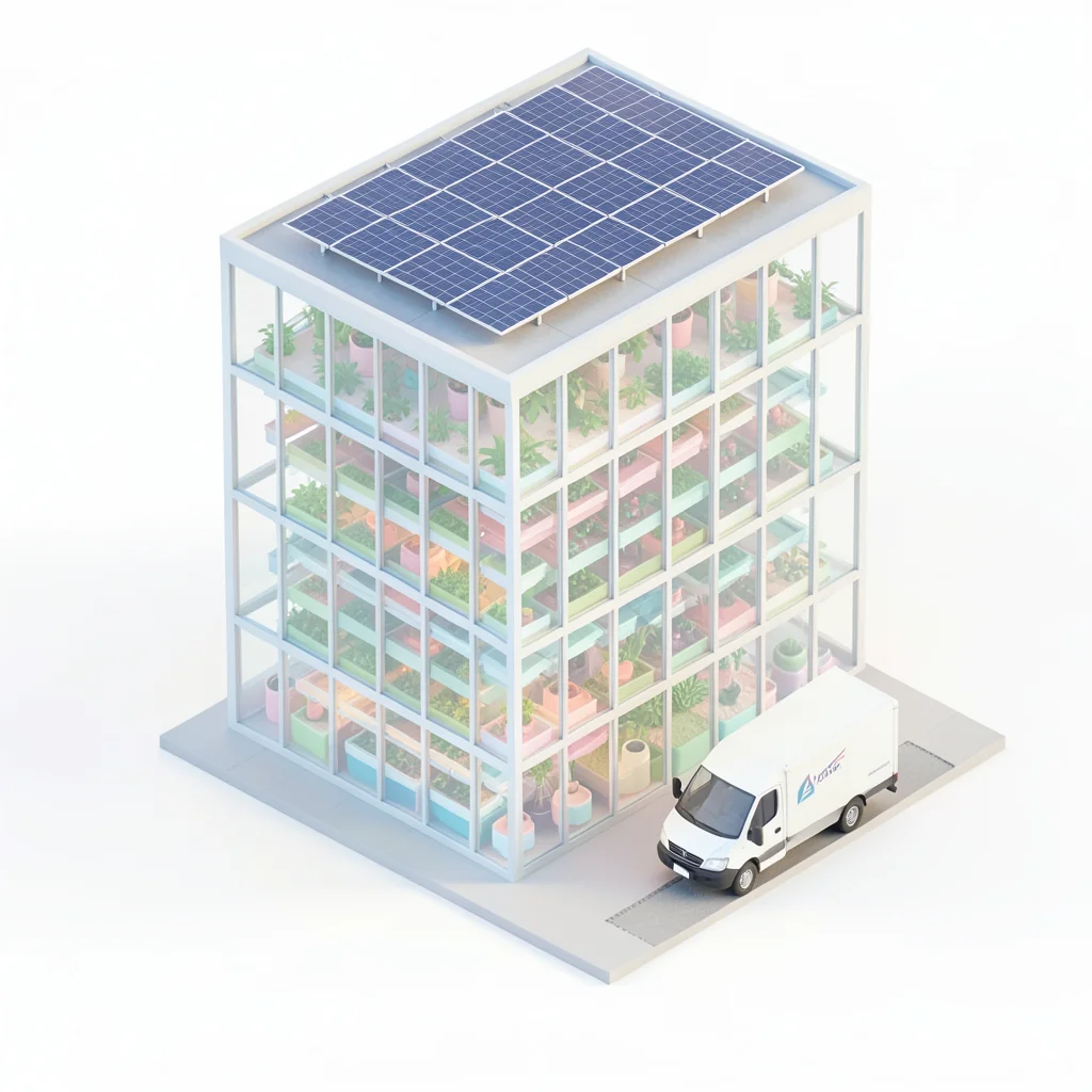 A vertical farm building: glass walls showing hydroponic layers inside, solar pa