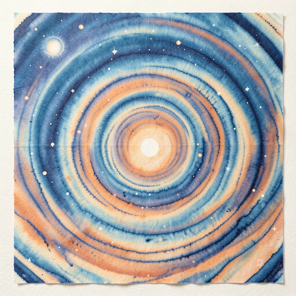 Suminagashi pattern in ocean blues and sunset oranges, ink on water surface