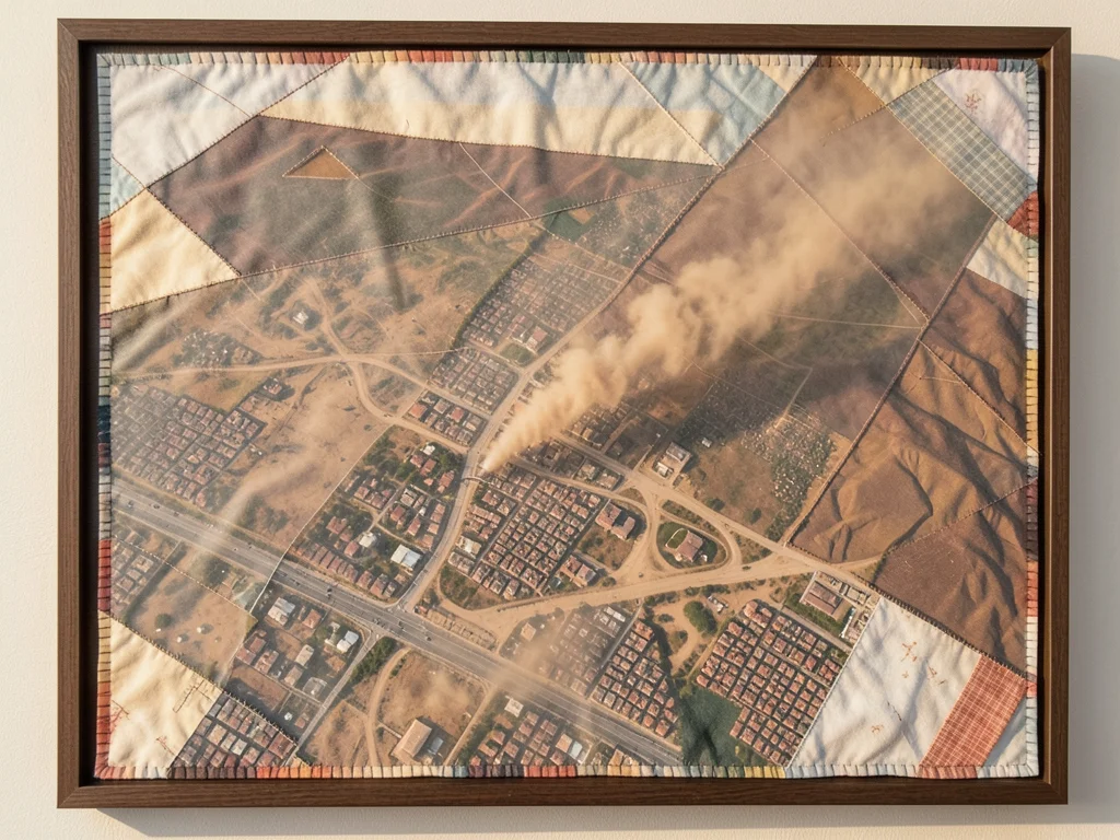A sandstorm approaching a city, the dust as sheer organza overlaying the fabric 