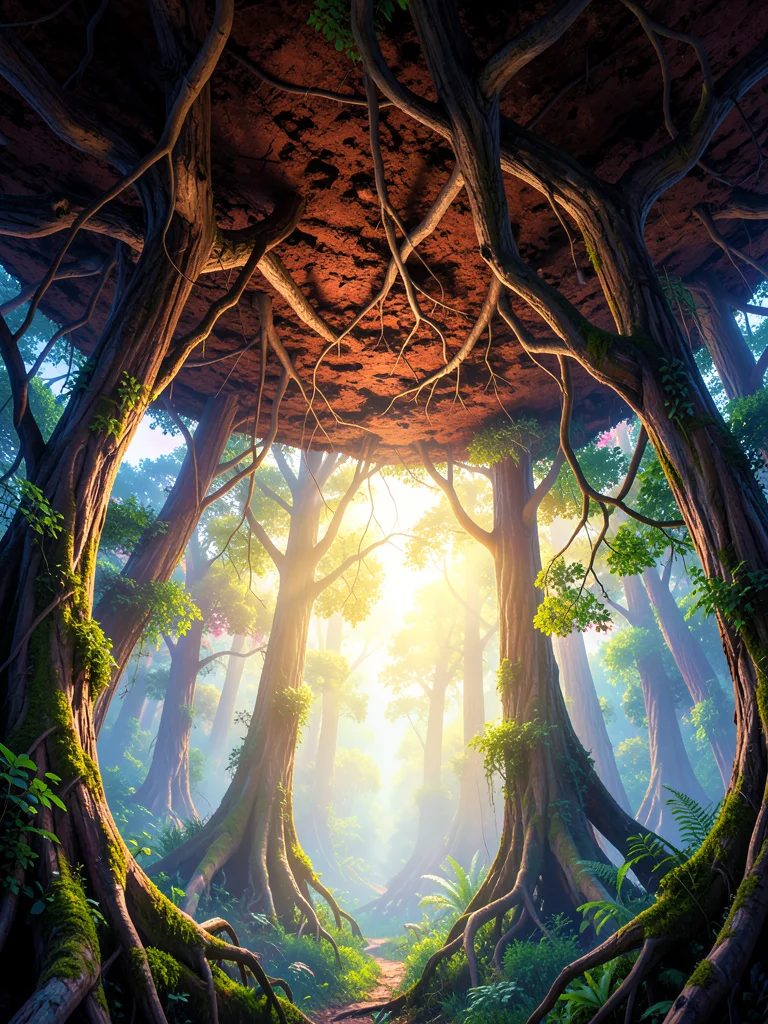 Forest where the trees grow upside down from a ceiling of earth, roots reaching 