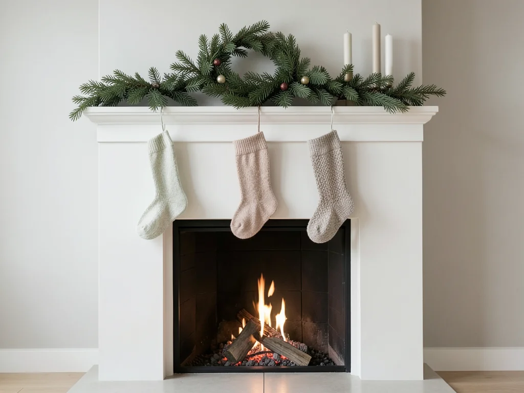 Knit stockings hung on mantle with care, fire below, garland above