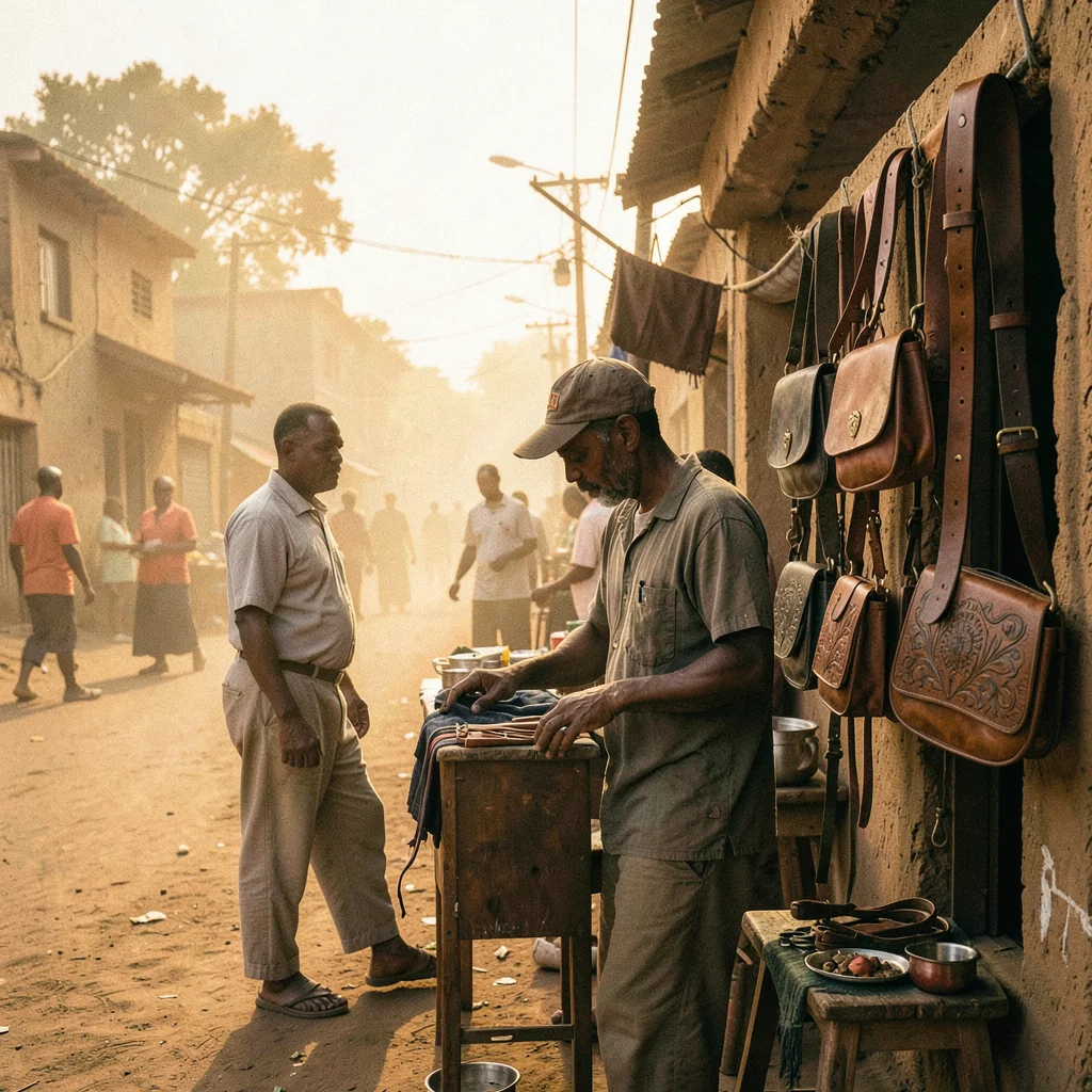 Golden Harmattan dust haze in Bamako, Mali, Street vendor selling leather goods,