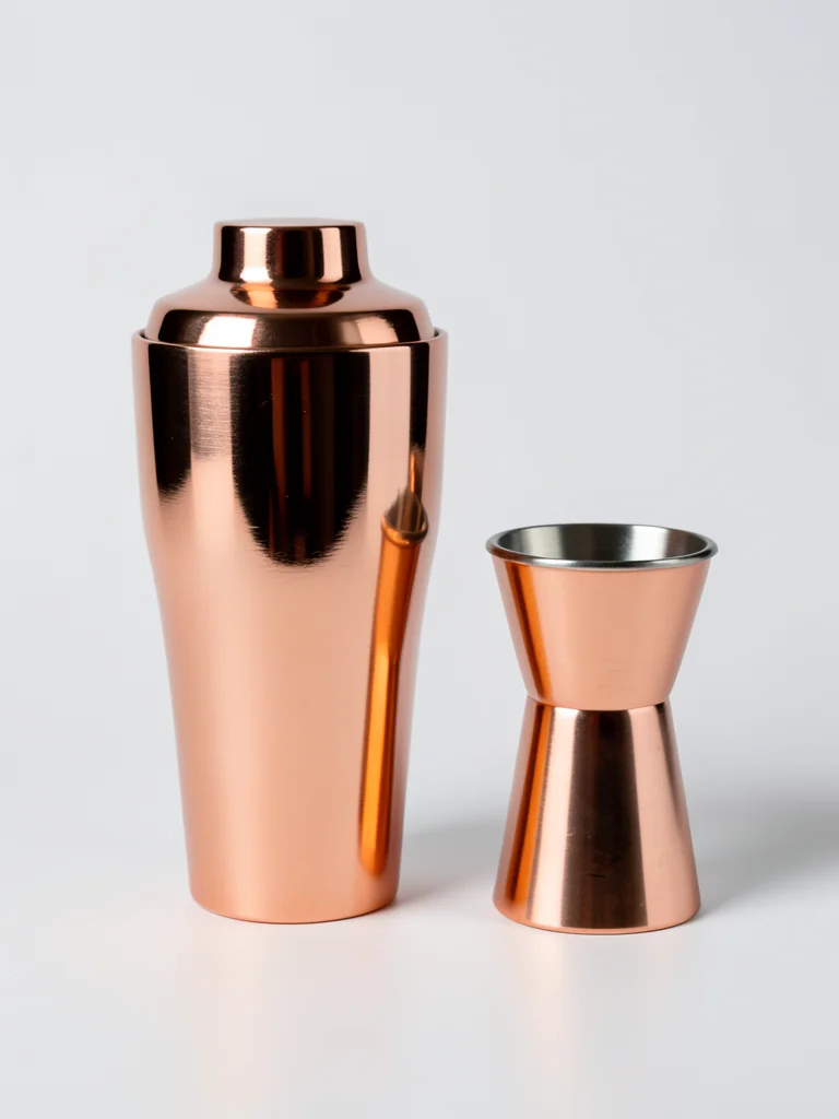 A copper cocktail shaker, polished to a mirror finish, reflecting the studio lig