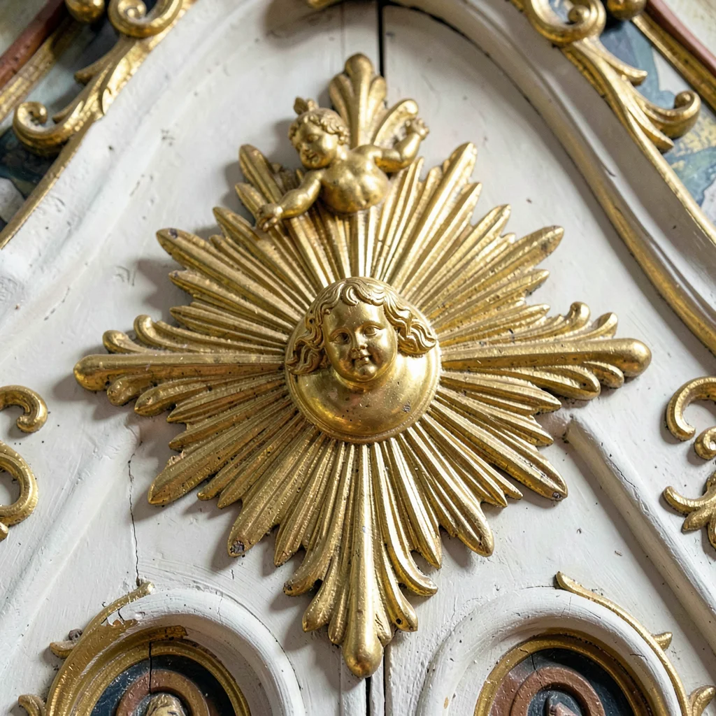 Baroque ornament fragment, Moravian gilt detail, Church altar tabernacle door, b