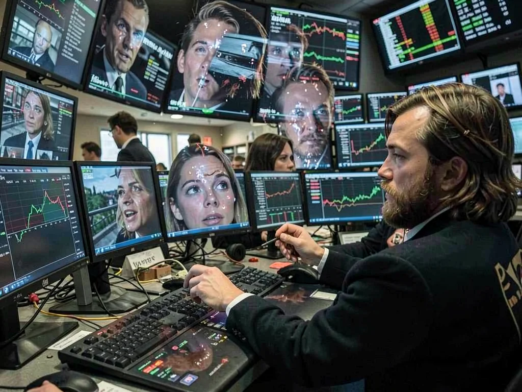 Stock trading floor, chaos of screens reflecting onto faces becoming one corrupt