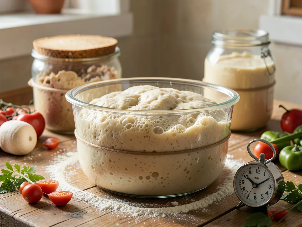 Bread at the bulk fermentation stage — a large clear container with a mass of do