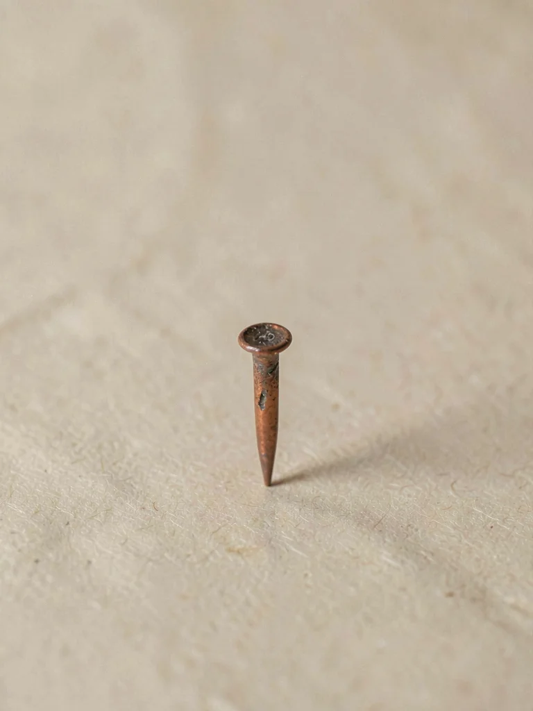 A solitary copper roofing nail standing alone on beige paper, head burnished by 