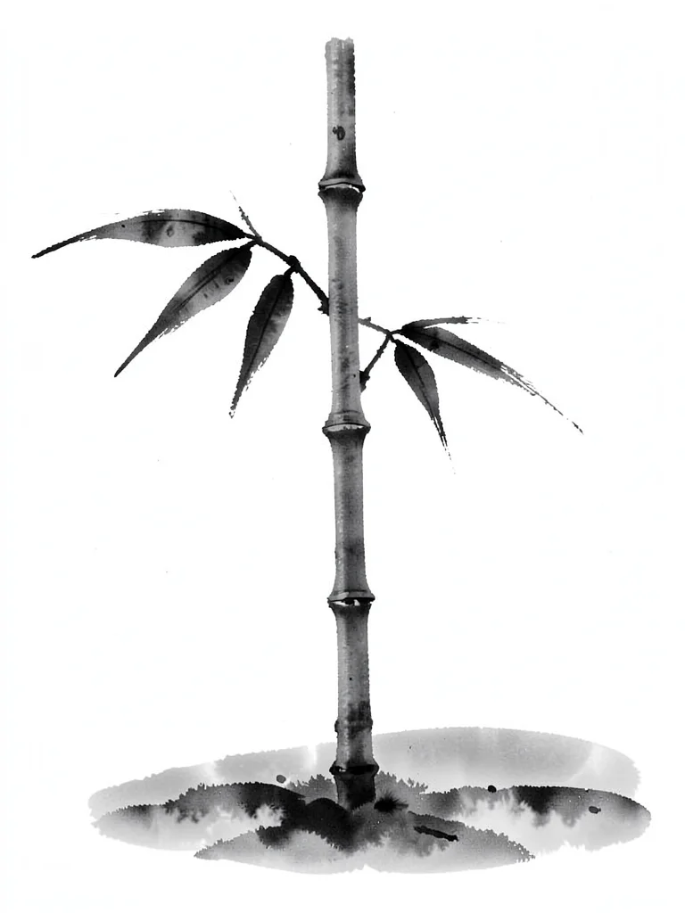 Single bamboo stalk in morning mist, three leaves brushed in one motion