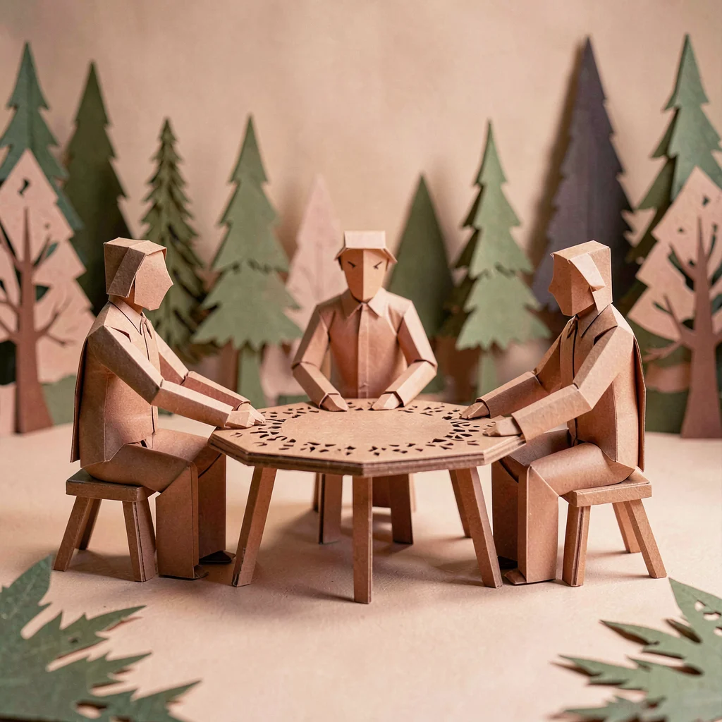 Papercraft composition of three folded-paper figures gathered around a paper-cut