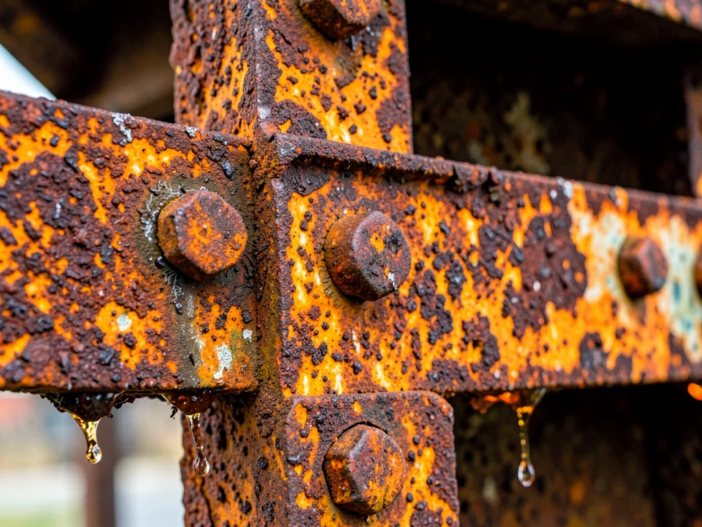 Rusted bridge structure detail, rivets weeping orange, infrastructure archaeolog