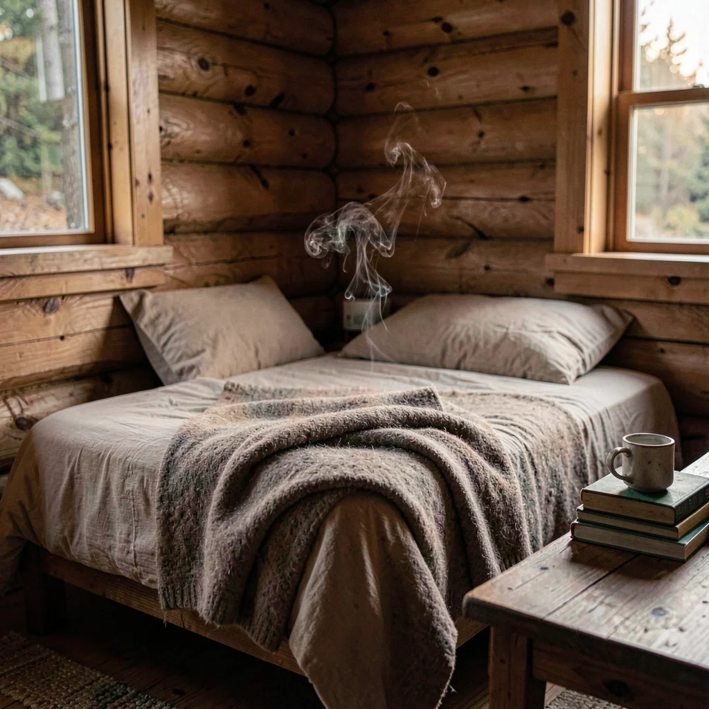 Lifestyle photograph of a downsized cabin bedroom corner, a single tidy bed with