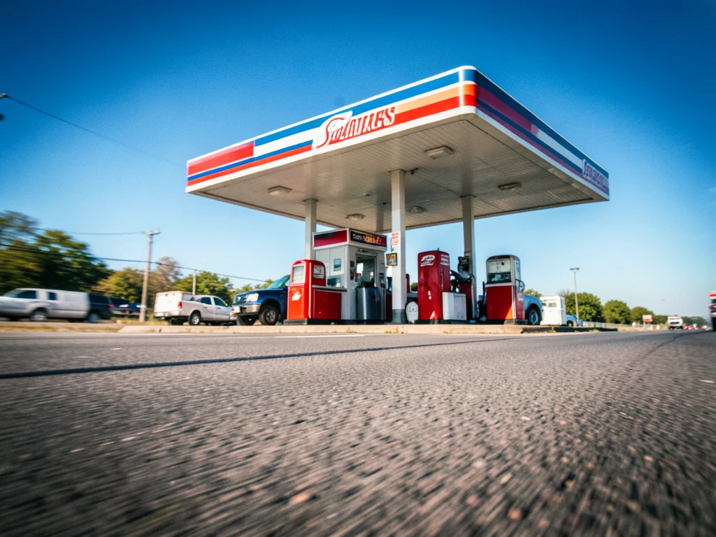 Gas station on empty highway, summer afternoon, retro pumps, blue sky