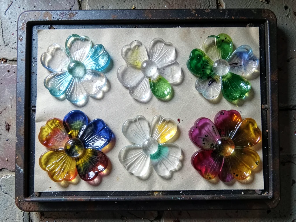 Cane slice arrangement on kiln shelf before fusing — individual slices laid flat