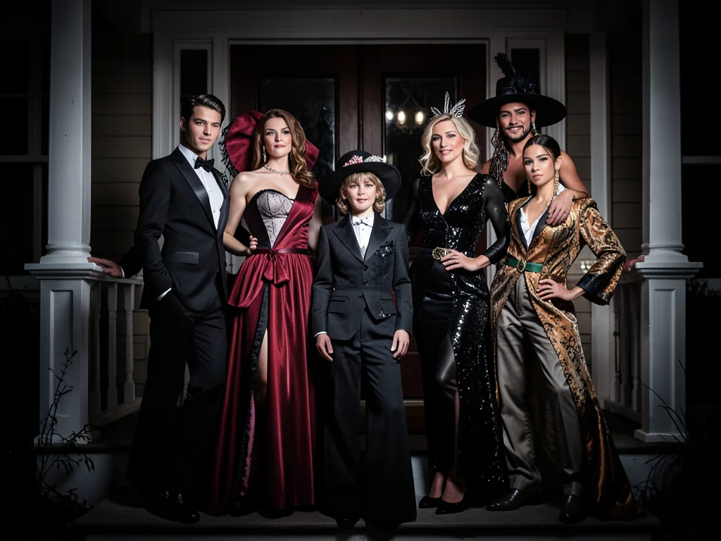 Family in matching themed costumes posing on front porch, group effort
