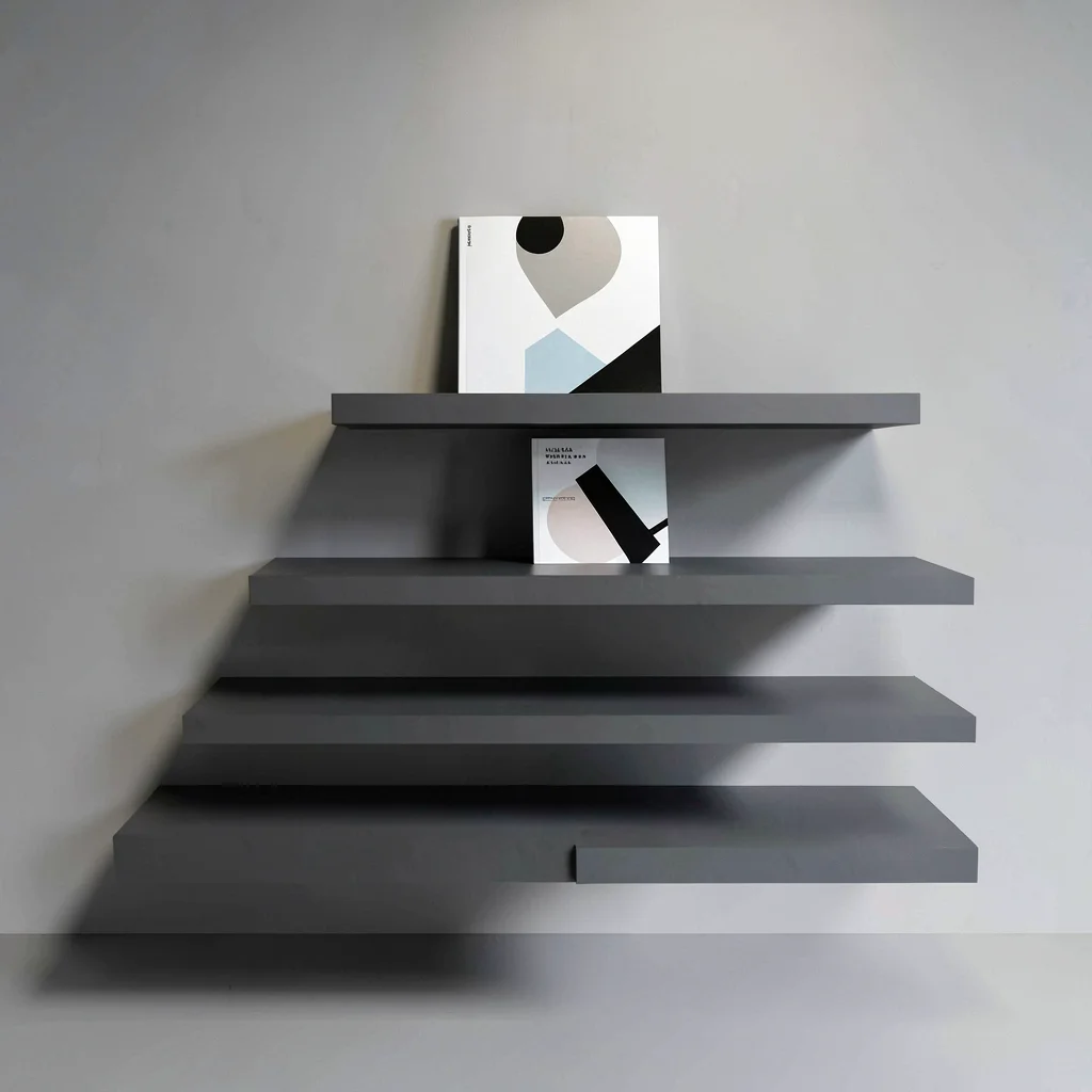 Tiered shelf display of three abstract exhibition catalogues stepping back into 