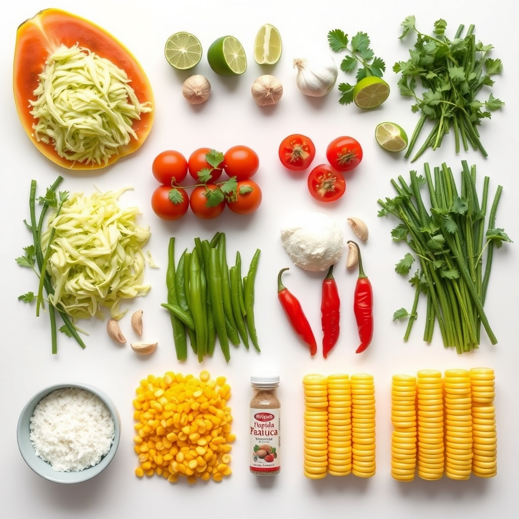 Knolling flat-lay photograph, objects perfectly arranged in grid,. A perfectly knolled flat-lay of papaya salad ingredie