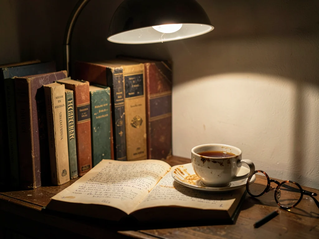 Tea cup casting handle shadow across open book page